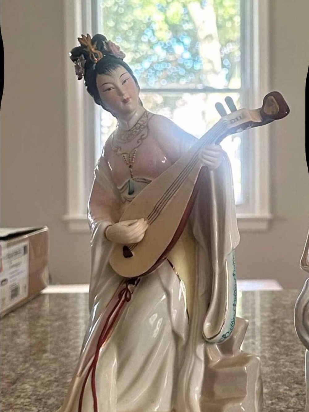 Porcelain Asian Lady with Pipa - White and Pink Home Art Figurine